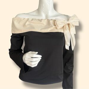 SHEIN Elegant Black Off-Shoulder Knit Top with Cream Bow. Women’s Size Large